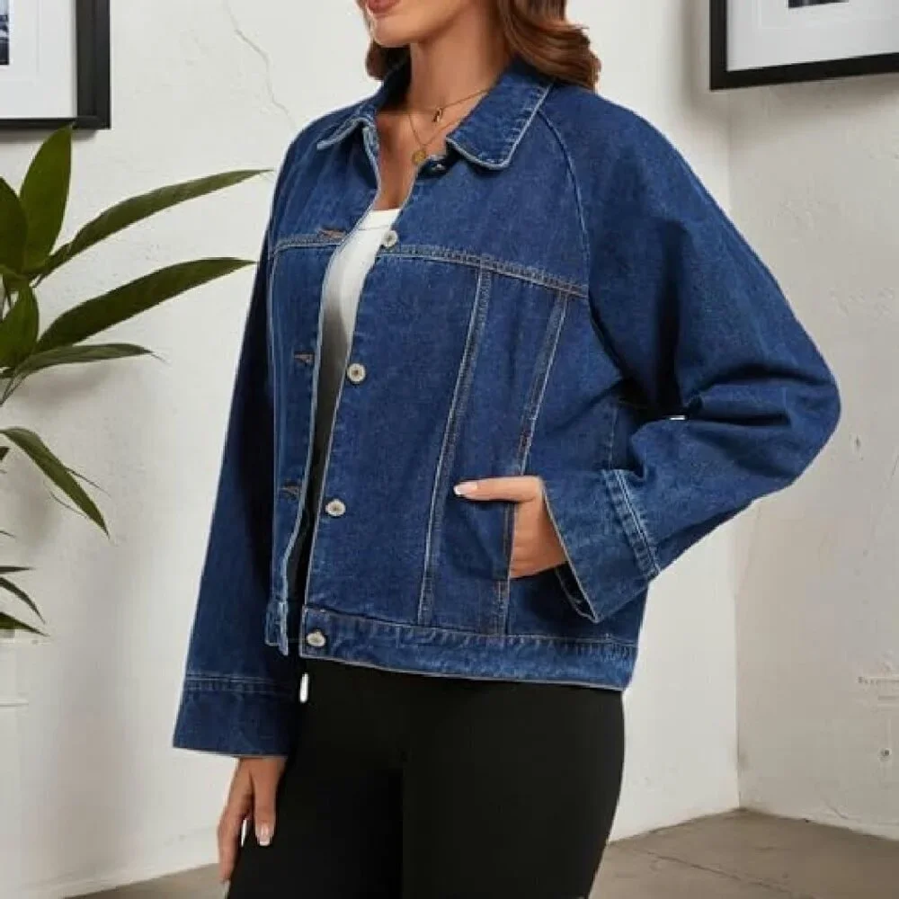 Oversized Denim Jacket Women's Long Sleeve Button Western Trucker Coat